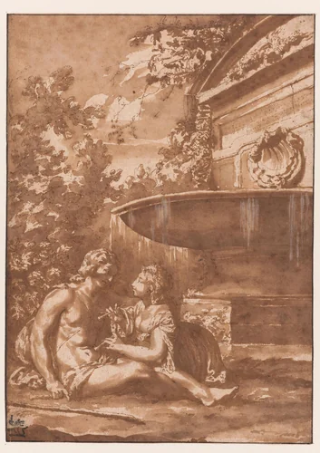 Idylle bij een fontein by Jan de Bisschop, drawing, 1667