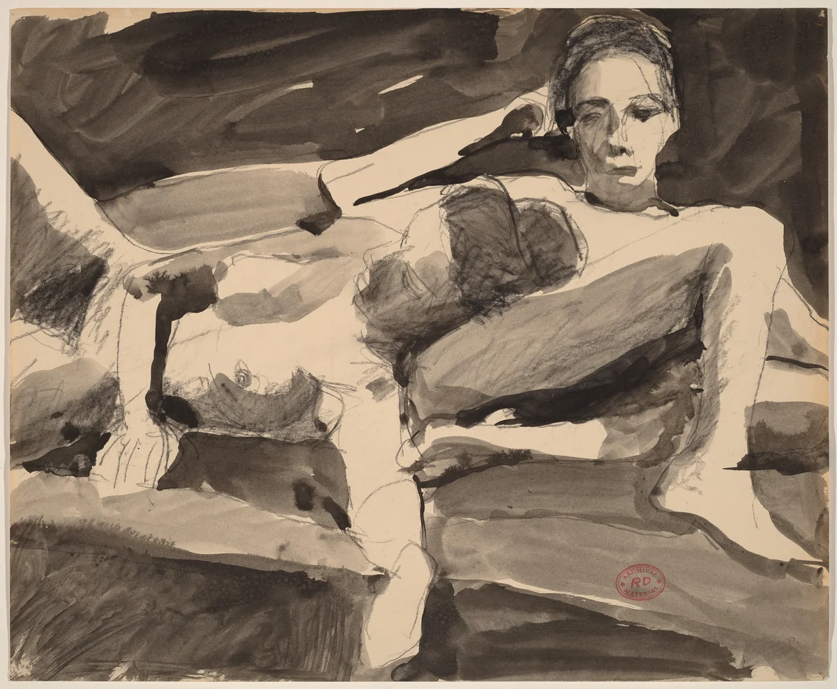 Untitled [reclining nude resting her head on a seated nude] by Richard Diebenkorn, drawing, 1955-1967