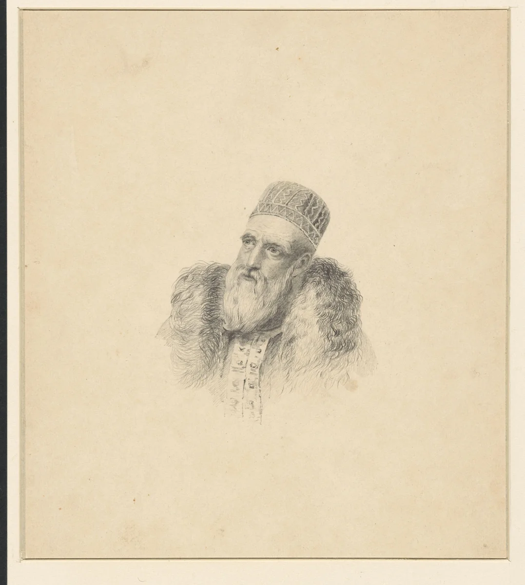 Oude gebaarde man in 17de-eeuwse fantasiekleding by anonymous, drawing, 1800-1900