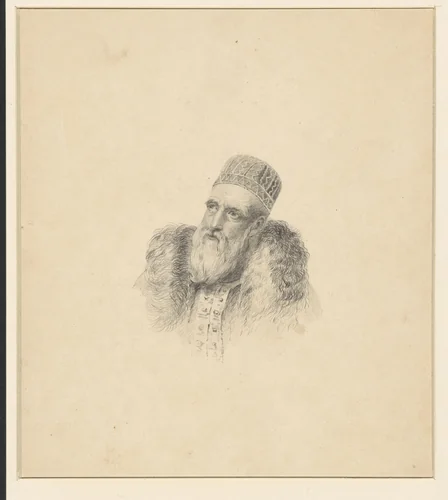 Oude gebaarde man in 17de-eeuwse fantasiekleding by anonymous, drawing, 1800-1900