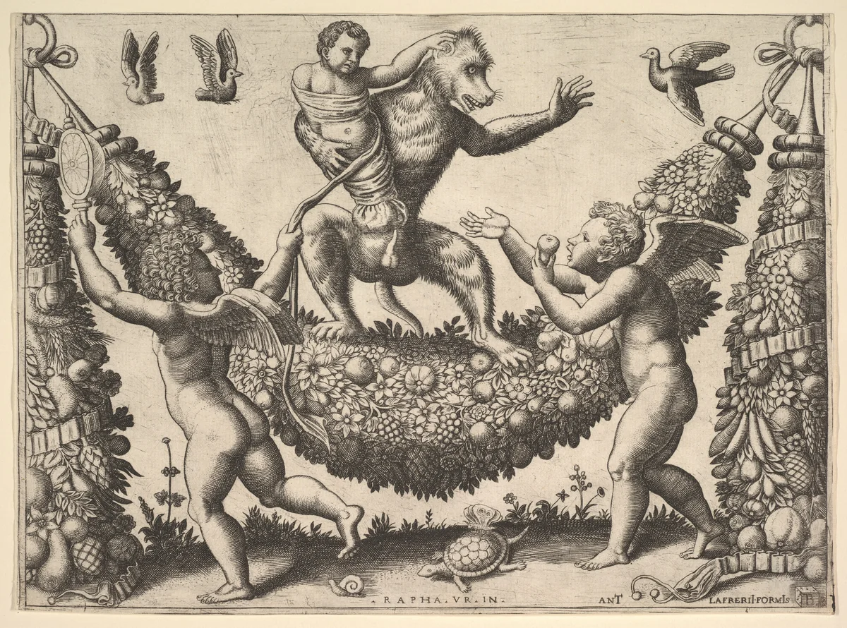 A monkey holding a bound putto standing on a garland in front of which are two winged putti, from a series of tapestries made for Leo X by Master of the Die, print, 1530-1560