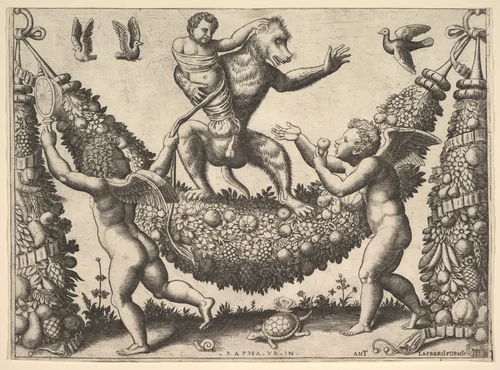A monkey holding a bound putto standing on a garland in front of which are two winged putti, from a series of tapestries made for Leo X by Master of the Die, print, 1530-1560