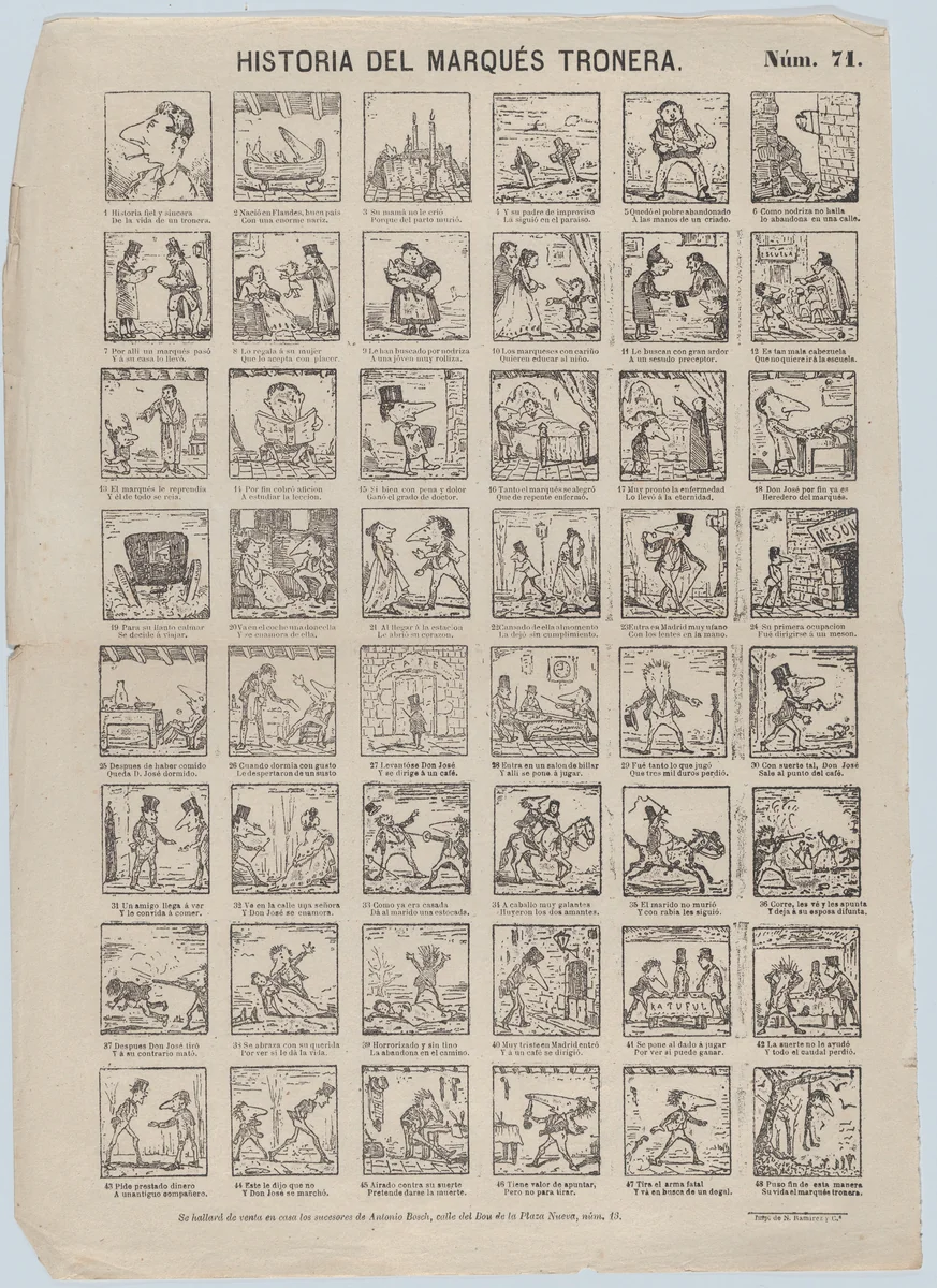 Broadside with 48 scenes relating to Marqués Tronera by Antonio Bosch, print, 1855-1865