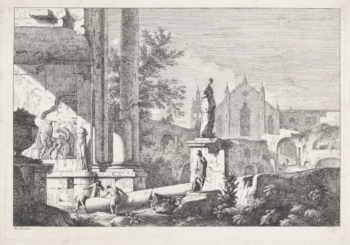 Landschap met ruïnes, een beeld en een kerk by Davide Antonio Fossati, print, 1743
