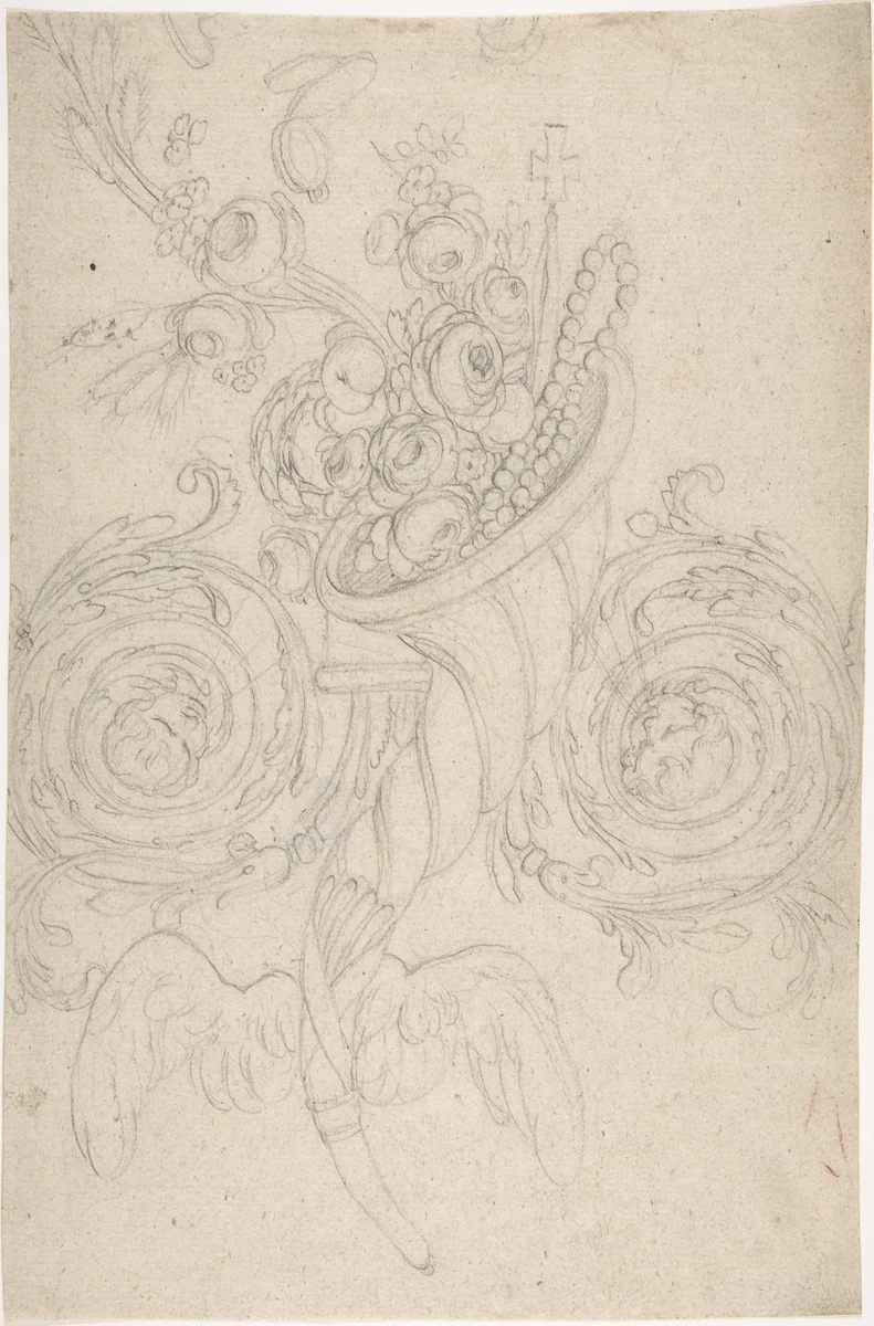 Cornucopia Held Aloft by Angels, Ornament with Cross and Rosary by anonymous, drawing, 1775-1825