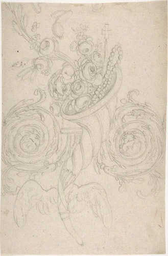 Cornucopia Held Aloft by Angels, Ornament with Cross and Rosary by anonymous, drawing, 1775-1825