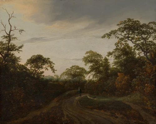Road through a Wooded Landscape at Twilight by Jacob van Ruisdael, painting, 1648
