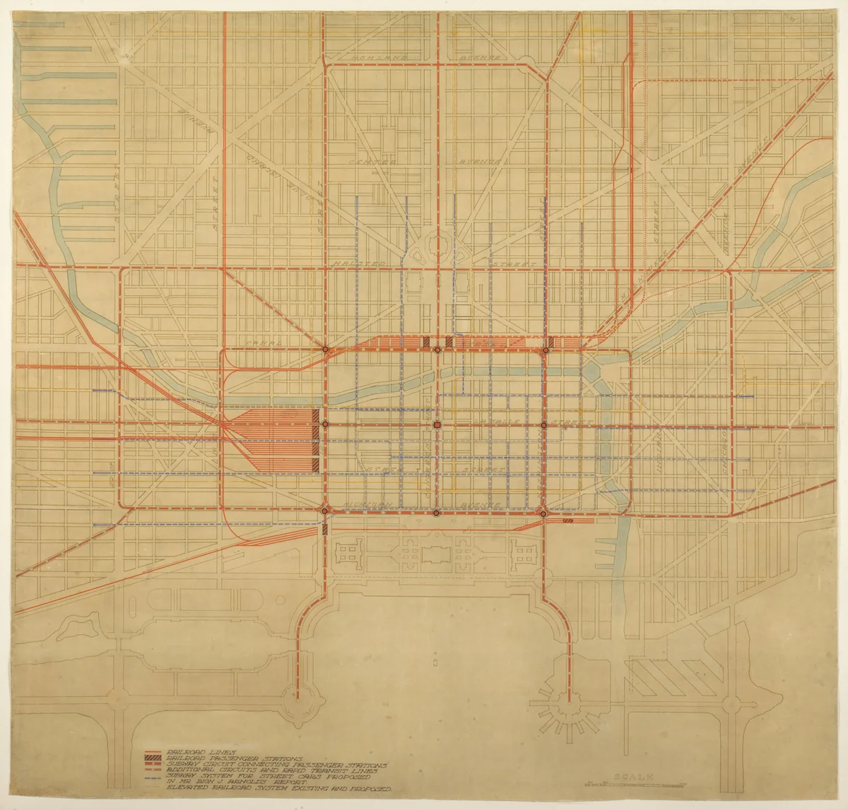 Plate 80 from The Plan of Chicago, 1909: Chicago. Diagram of City Center, Showing the Proposed Arrangement of Railroad Passenger Stations, the Complete Traction System, Including Rapid Transit, Subway, and Elevated Roads, and the Circuit Subway Line. by Daniel Hudson Burnham
Edward Herbert Bennett, drawing, 1909