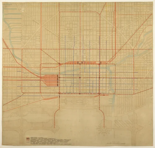 Plate 80 from The Plan of Chicago, 1909: Chicago. Diagram of City Center, Showing the Proposed Arrangement of Railroad Passenger Stations, the Complete Traction System, Including Rapid Transit, Subway, and Elevated Roads, and the Circuit Subway Line. by Daniel Hudson Burnham
Edward Herbert Bennett, drawing, 1909