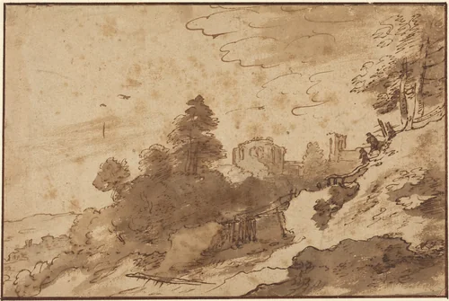 Landscape with Bridge and Ruins in Background by Pieter Dircksz Santvoort, drawing, 1603-1635