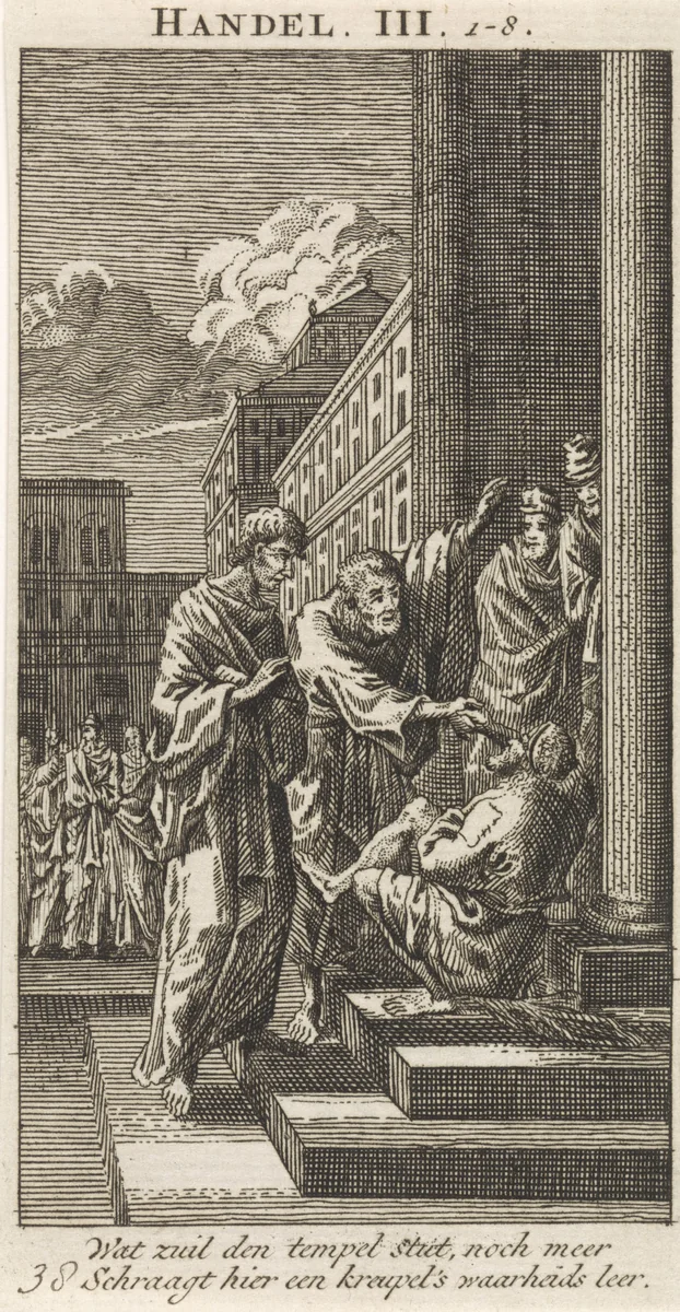Peter and John heal a paralyzed man at the temple gate by anonymous, print, 1712