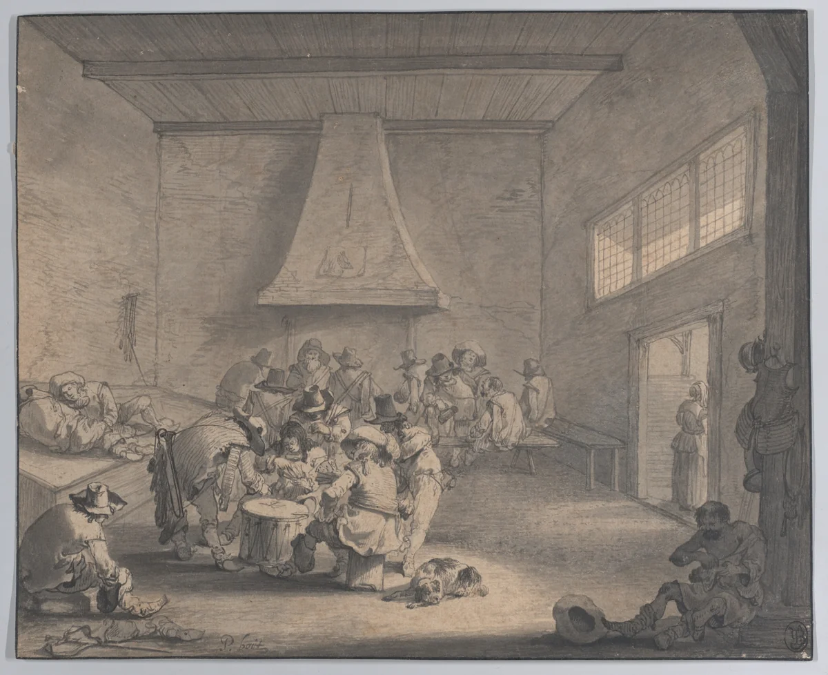 Guardroom Scene by Pieter Bout, drawing, 1658-1719