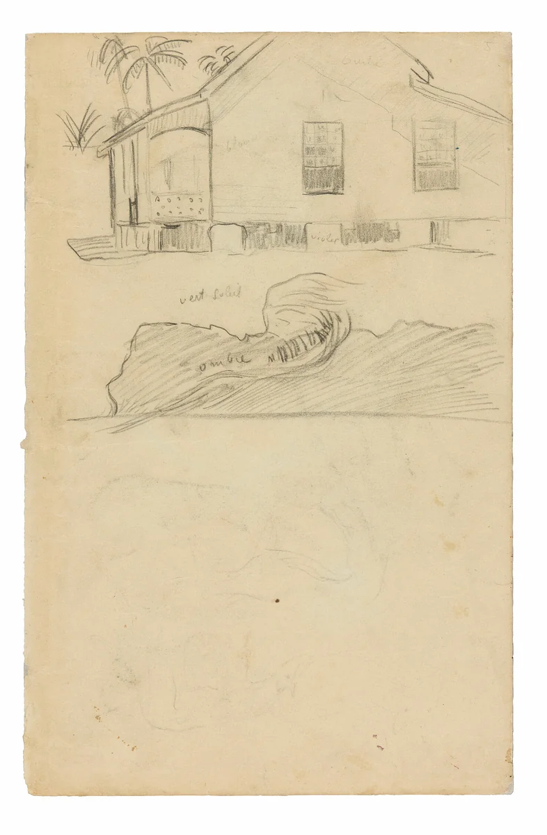 Sketches of Tahitian Residence with Color Notations and Dogs by Paul Gauguin, drawing, 1891-1893