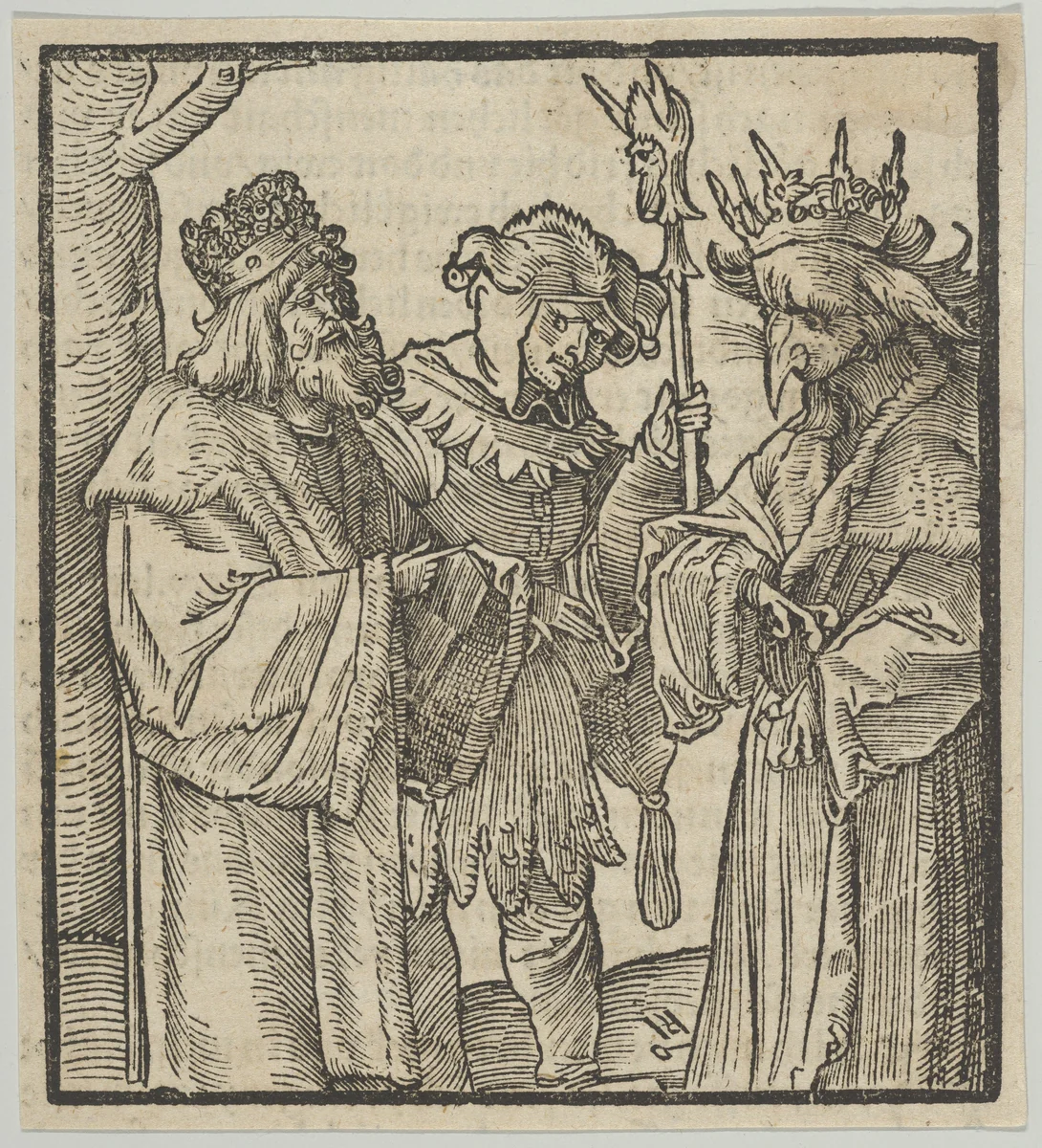 A Fool in the Service of the Devil and a Virtuous Man, from Hymmelwagen auff dem, wer wol lebt... by Hans Schäufelein, print, 1517