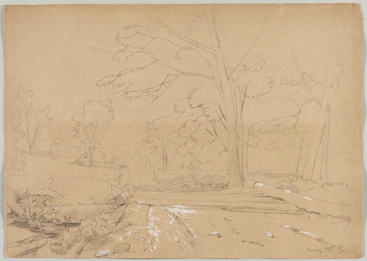 Landscape with Man Fishing, Conway, New Hampshire by David Johnson, drawing, 1851