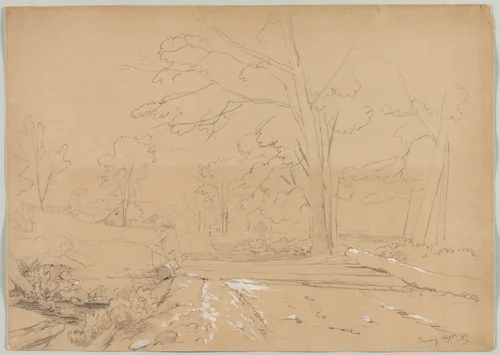 Landscape with Man Fishing, Conway, New Hampshire by David Johnson, drawing, 1851