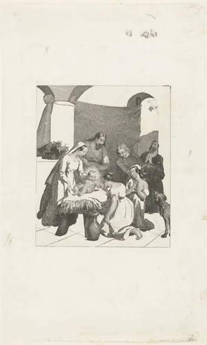 Aanbidding van het Kind door twee herdersmeisjes by Henricus Wilhelmus Couwenberg, print, 1830-1845