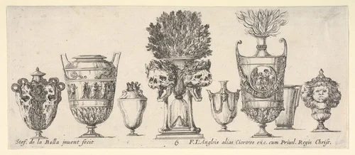 Eight vases, a clepsydra in center decorated with two skulls with laurel wreaths, plate 6 from "Collection of Various Vases" (Raccolta di Vasi Diversi) by Stefano della Bella, print, 1650-1656