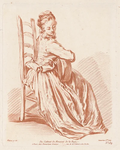 Woman Playing the Guitar by Gilles Demarteau Antoine Watteau, print, 1764