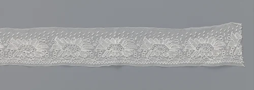 Strook kantborduurwerk op machinale tule met bloemen met trapeziumvormige bloemharten by anonymous, other, 1850