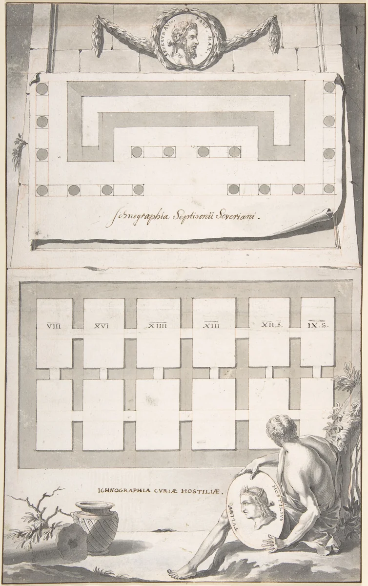 Ichnographia (or groundplan) of the Arch of Septimius Severus (above) and the Curia Hostilia (below) by Jan Goeree, drawing, 1690-1704