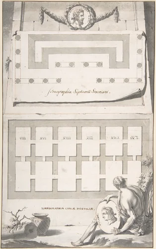 Ichnographia (or groundplan) of the Arch of Septimius Severus (above) and the Curia Hostilia (below) by Jan Goeree, drawing, 1690-1704