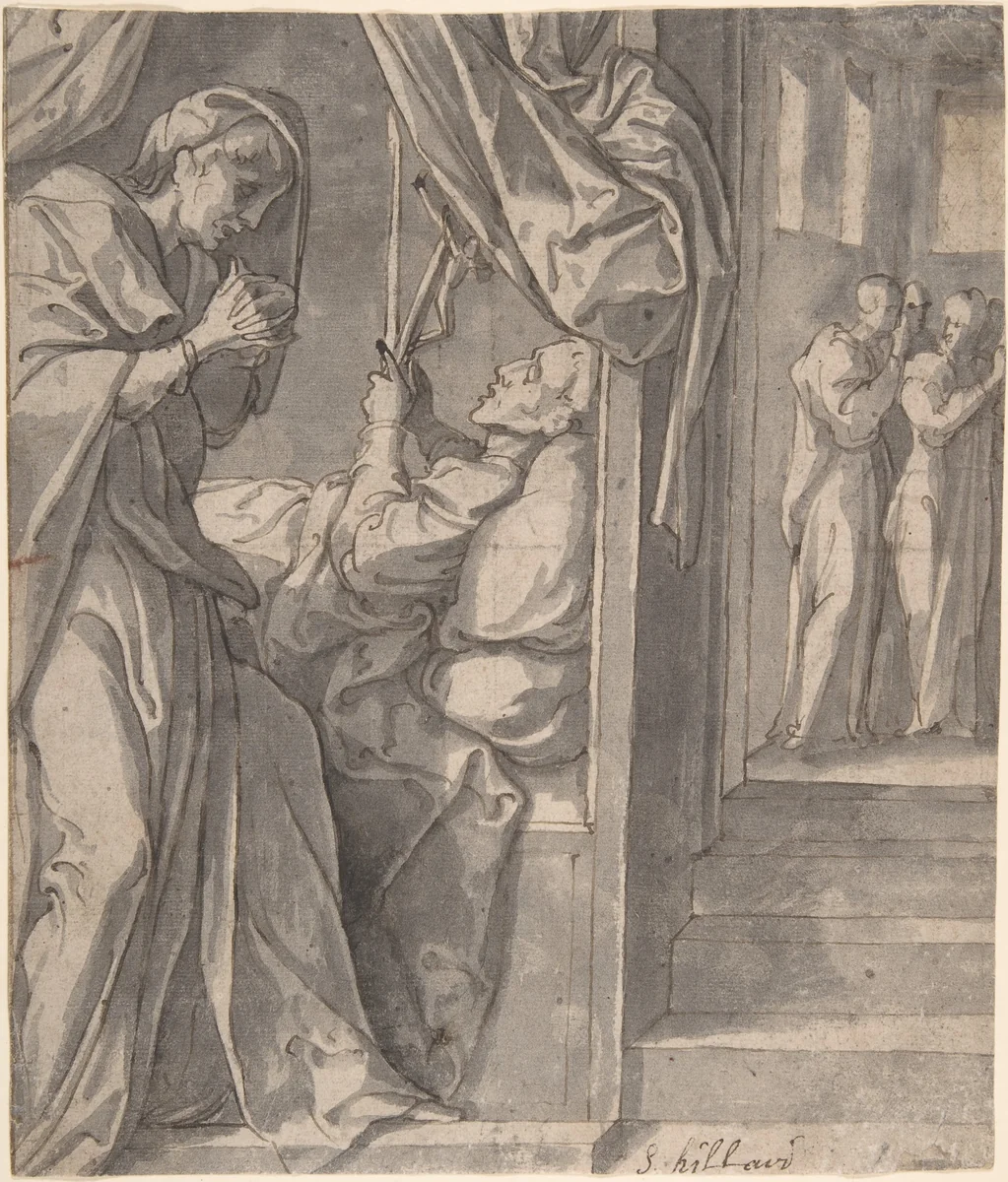 The Death of Saint Hilary (recto); Sketch of an Arm (verso) by Jan van Scorel, drawing, 1515-1562