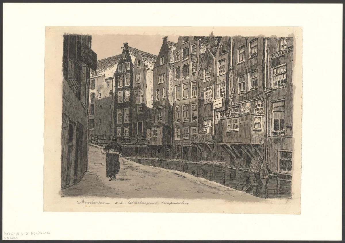 Gezicht op de Oudezijds Achterburgwal bij de Spooksteeg by anonymous, drawing, 1900-1950