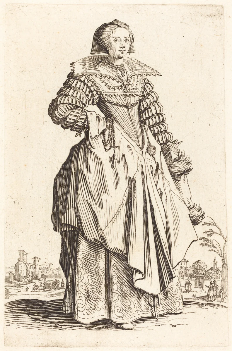 Noble Woman with Large Collar by Jacques Callot, print, 1620-1623