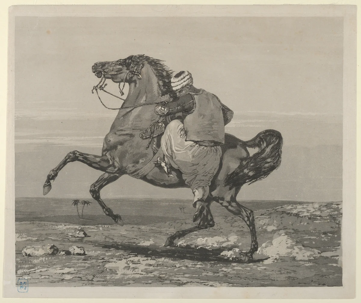 Turk Mounting His Horse by Eugène Delacroix, print, 1824