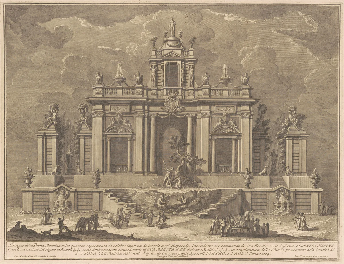The Prima Macchina for the Chinea of 1774: Hercules and the Dragon in the Garden of the Hesperides by Giuseppe Vasi, print, 1774