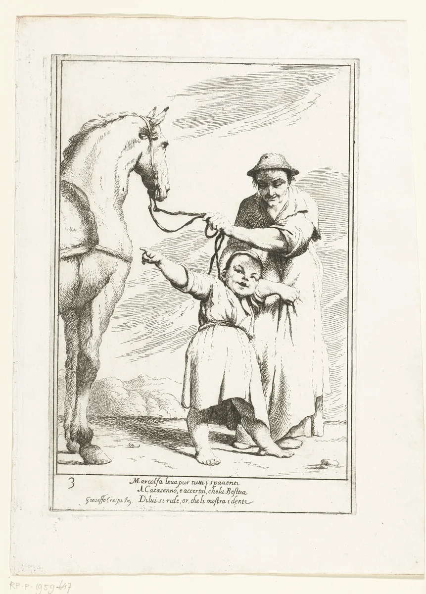 Marcolfa toont aan Cacasseno een lachend paard by Giuseppe Maria Crespi, print, 1710-1715