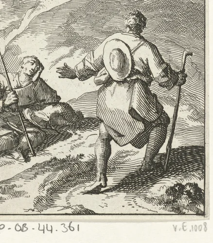 Pelgrim treft een andere pelgrim slapend langs de weg by Jan Luyken, print, 1689