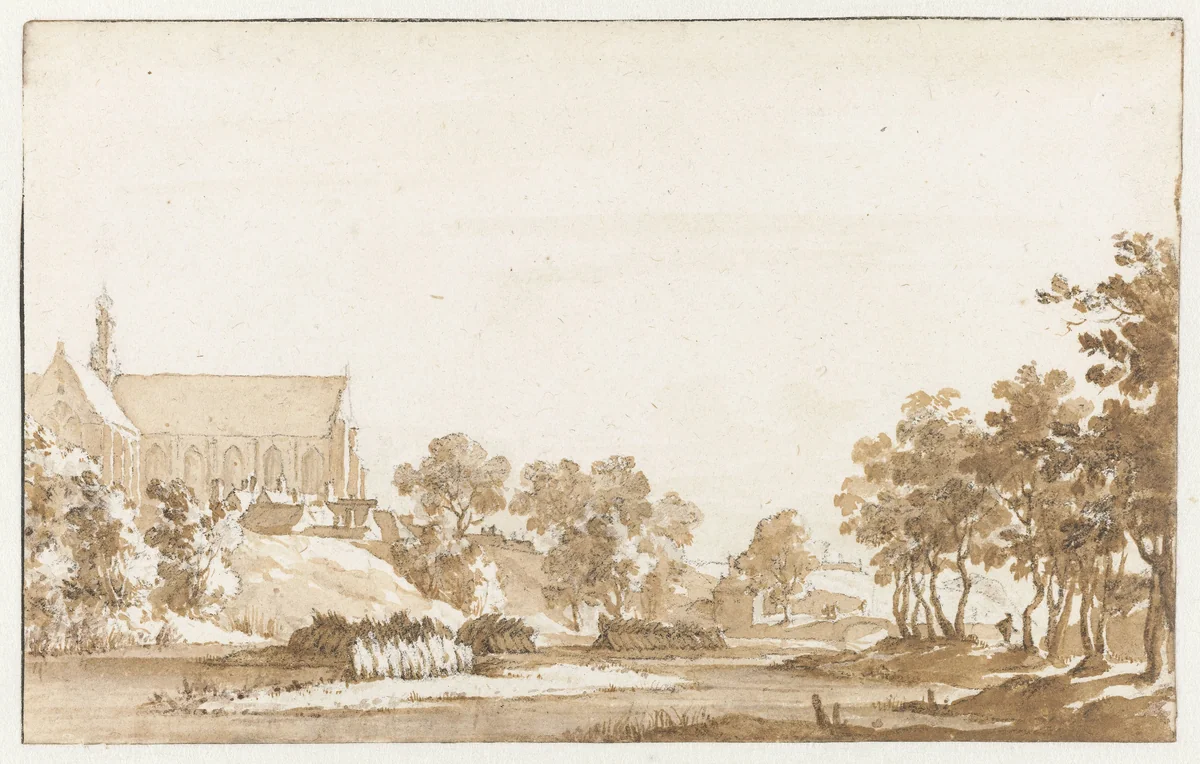 Gezicht op de St. Laurenskerk te Alkmaar by Jan de Bisschop, drawing, 1648-1671