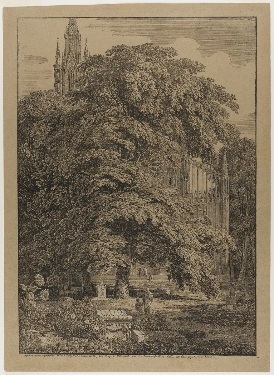 Gothic Church Behind an Oak Grove with Tombs by Karl Friedrich Schinkel, print, 1810