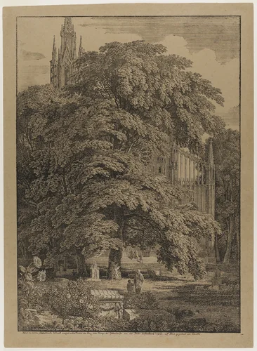 Gothic Church Behind an Oak Grove with Tombs by Karl Friedrich Schinkel, print, 1810