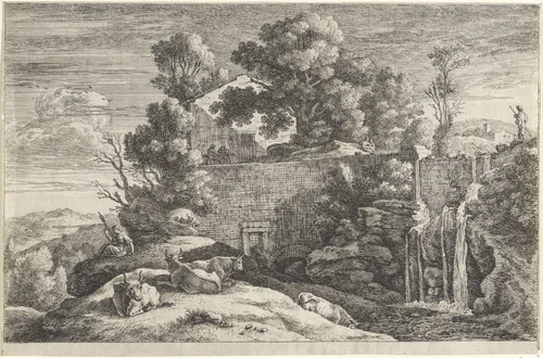 Landschap met koeien en een spinster by Herman van Swanevelt, print, 1643-1655