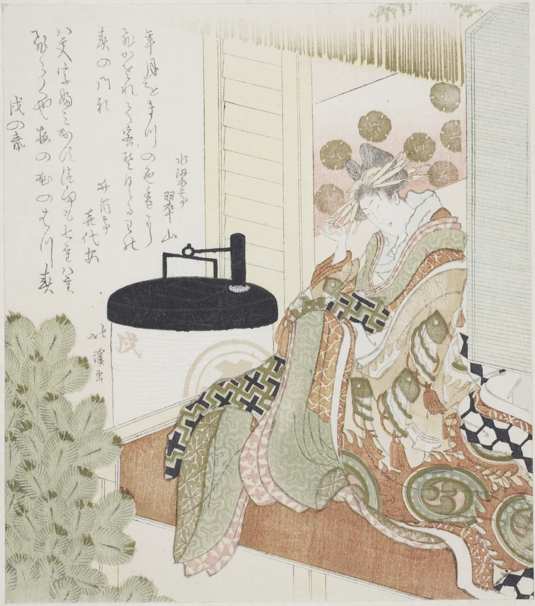 Courtesan sitting on a veranda next to a lantern by Totoya Hokkei (魚屋北渓), print, 1814