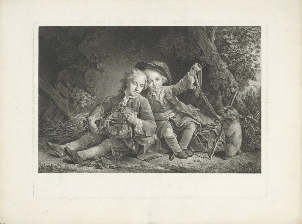Twee jongens met marmot by Carlo Domenico Melini, print, 1750-1795