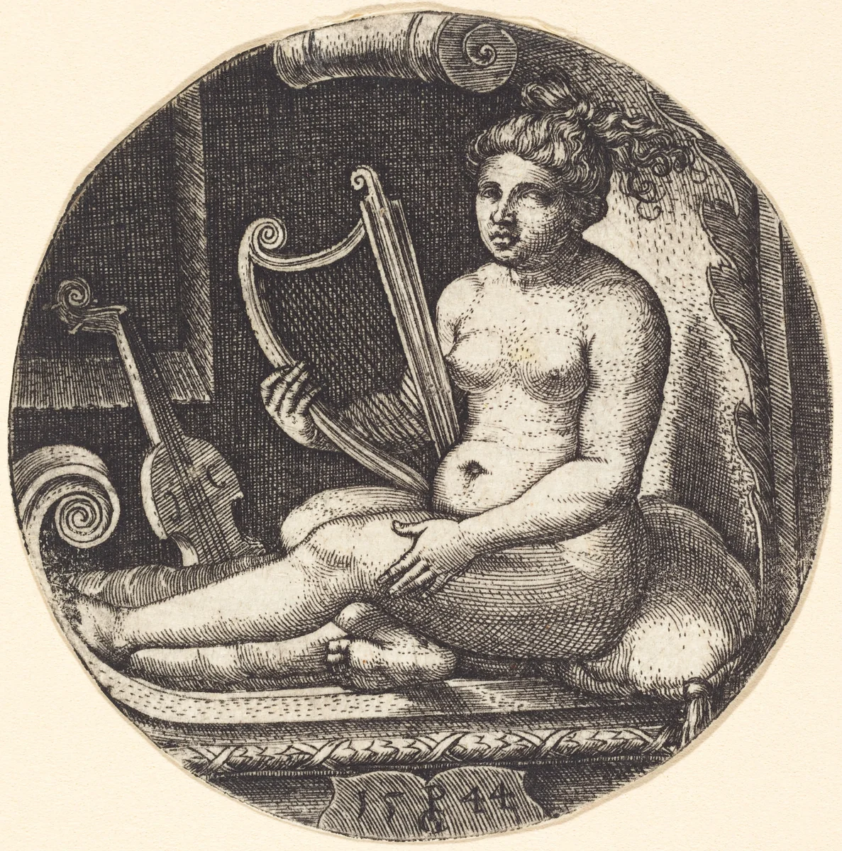 Woman with a Harp by Georg Pencz, print, 1544