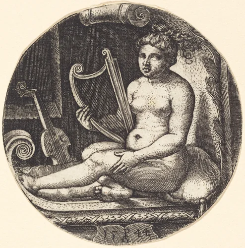 Woman with a Harp by Georg Pencz, print, 1544
