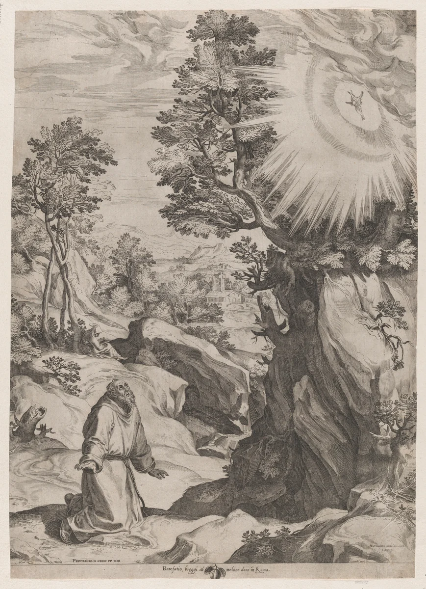 St Francis Penitent in the Wilderness by Cornelis Cort, print, 1575