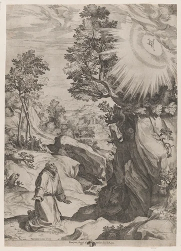 St Francis Penitent in the Wilderness by Cornelis Cort, print, 1575