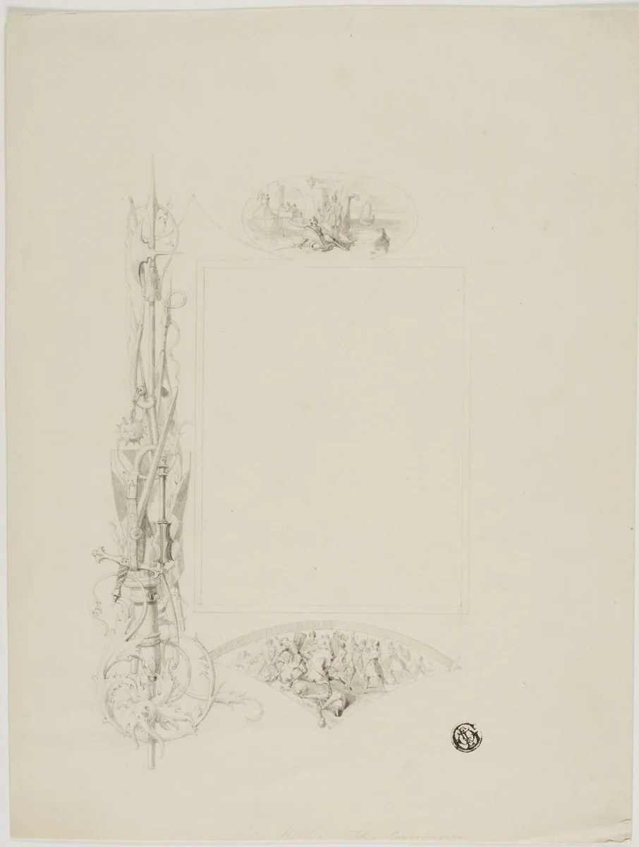 Vignette for Menu Card Decorated with Arms and Heroic Scenes by Unknown Artist, drawing, 1800-1899