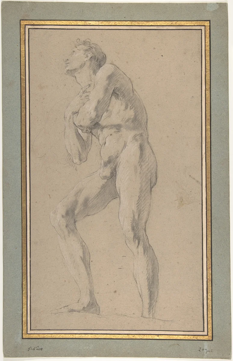 Standing Male Nude Seen from Below by François Le Moyne, drawing, 1725-1735