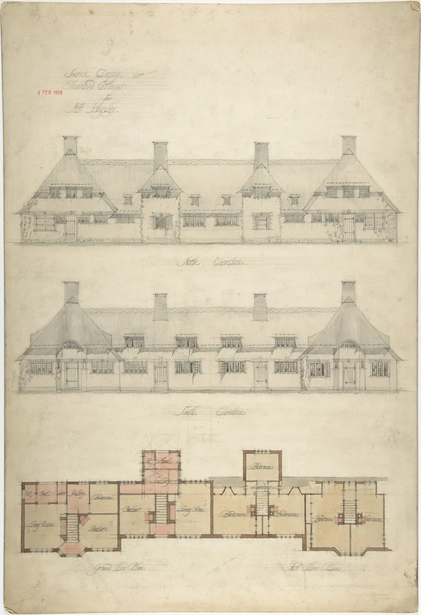 Design for Thatched Cottages for Mrs. Kingsley by Charles Edward Mallows, drawing, 1910