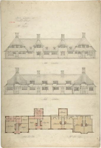 Design for Thatched Cottages for Mrs. Kingsley by Charles Edward Mallows, drawing, 1910