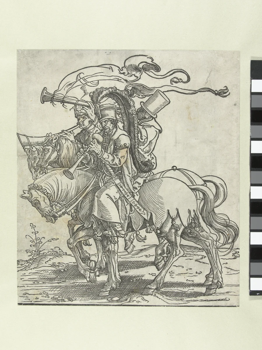 Drie trompetters te paard by Jan Swart, print, 1526