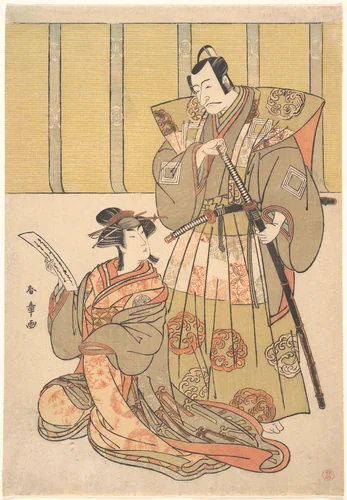 Ichikawa Danjūrō V as Kūdo no Suketsune, and Nakamura Rikō as Oiso no Tora by Katsukawa Shunshô (勝川春章), print, 1700-1799