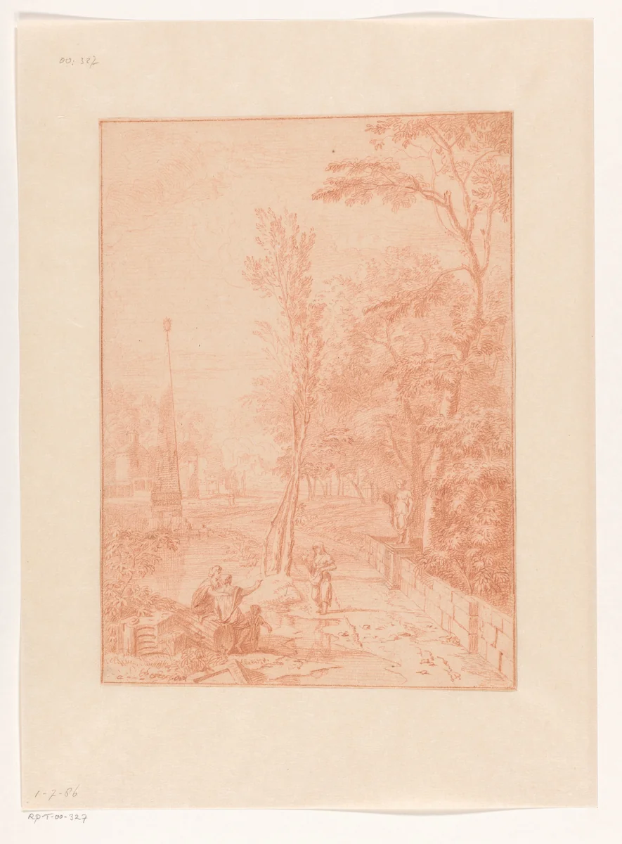 Arcadian Landscape with Figures near an Obelisk by Johannes Glauber, drawing, 1674-1695